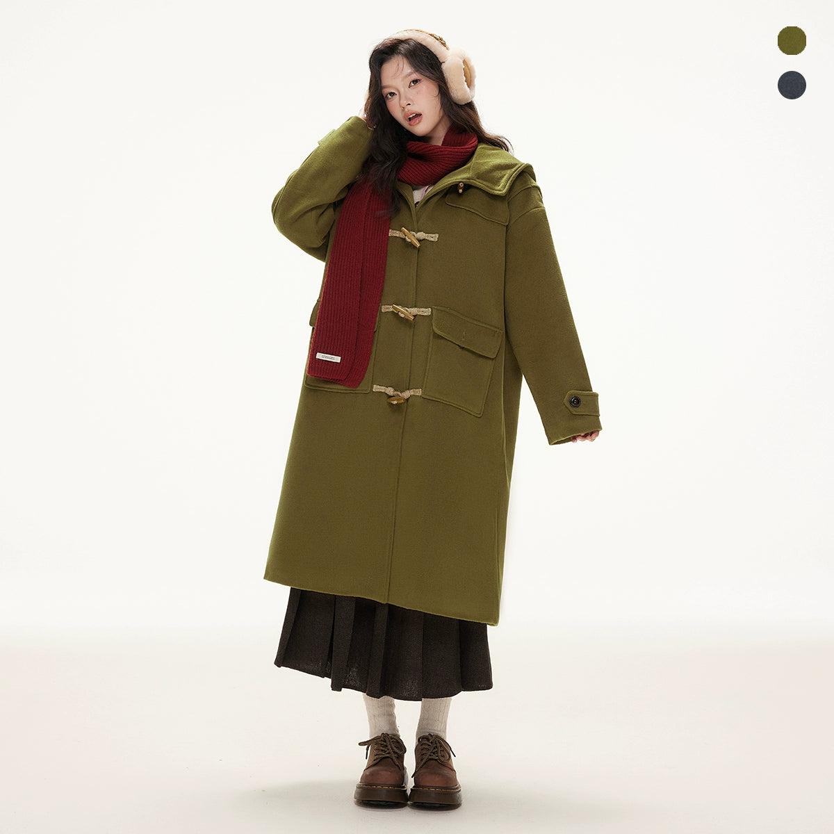 Imone Retro Horn Buckle Casual Medium and Long Woolen Jacket