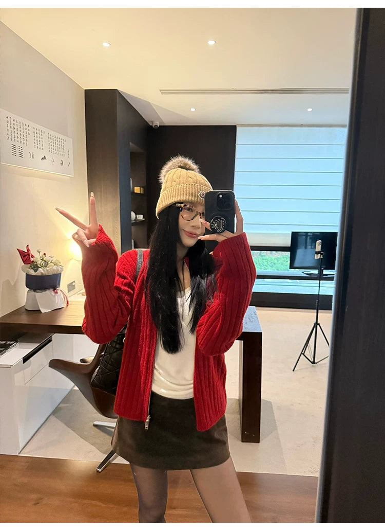 YOUNG KYLIN Thickened Korean Double Zipper Knitted Jacket