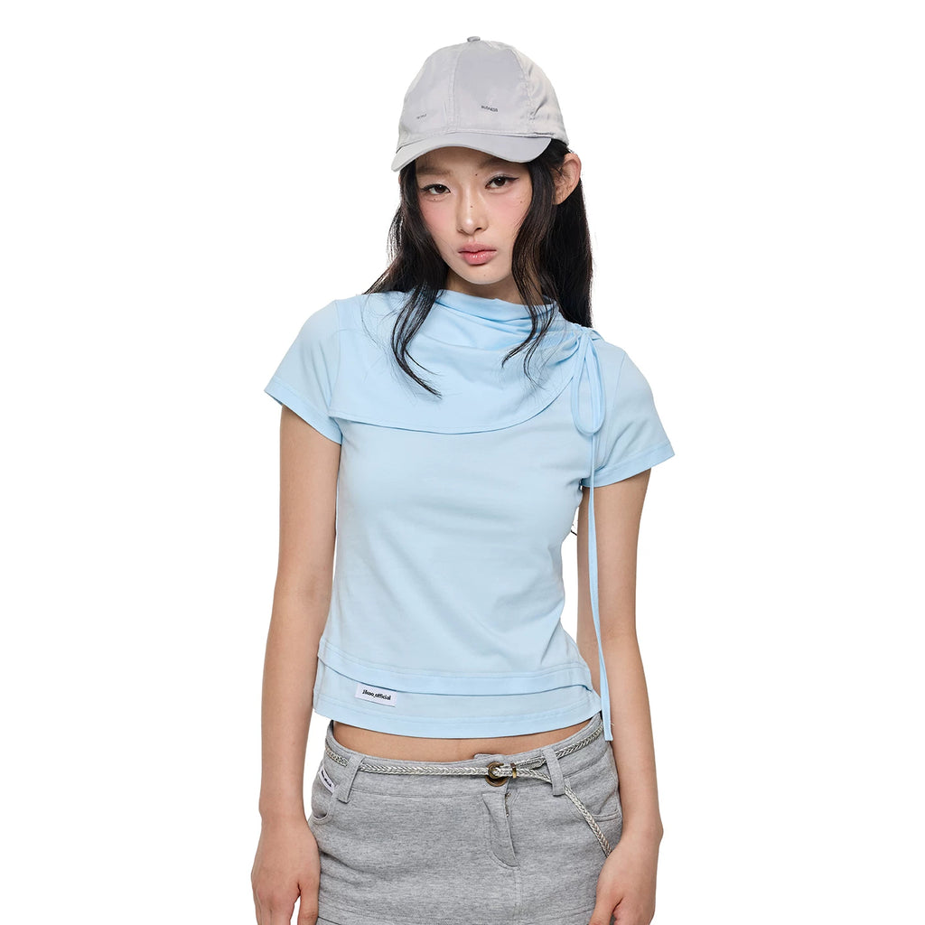 JIKOO Knot Vertical Pleated Shoulder Collar Casual Tee
