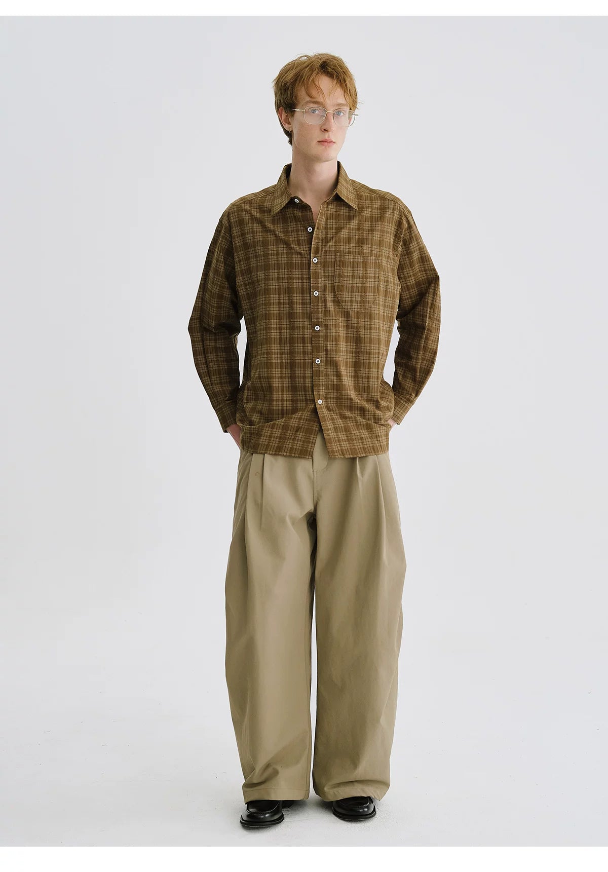 LIVINGTOWN Lapel Plaid Pocket Long-sleeved Shirt