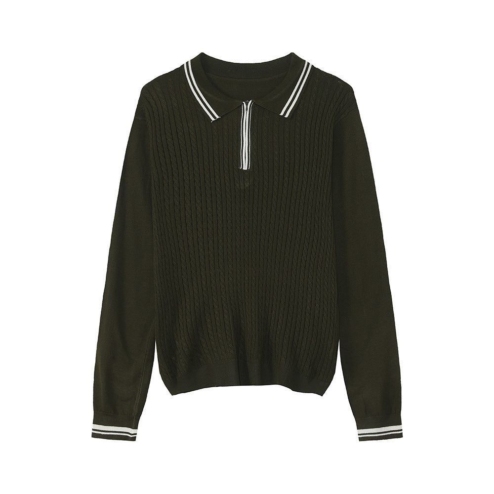 MTLCLOTHES Lapel Zipper Semi-open Neck Slim-fit Long-sleeved Knitted Sweater