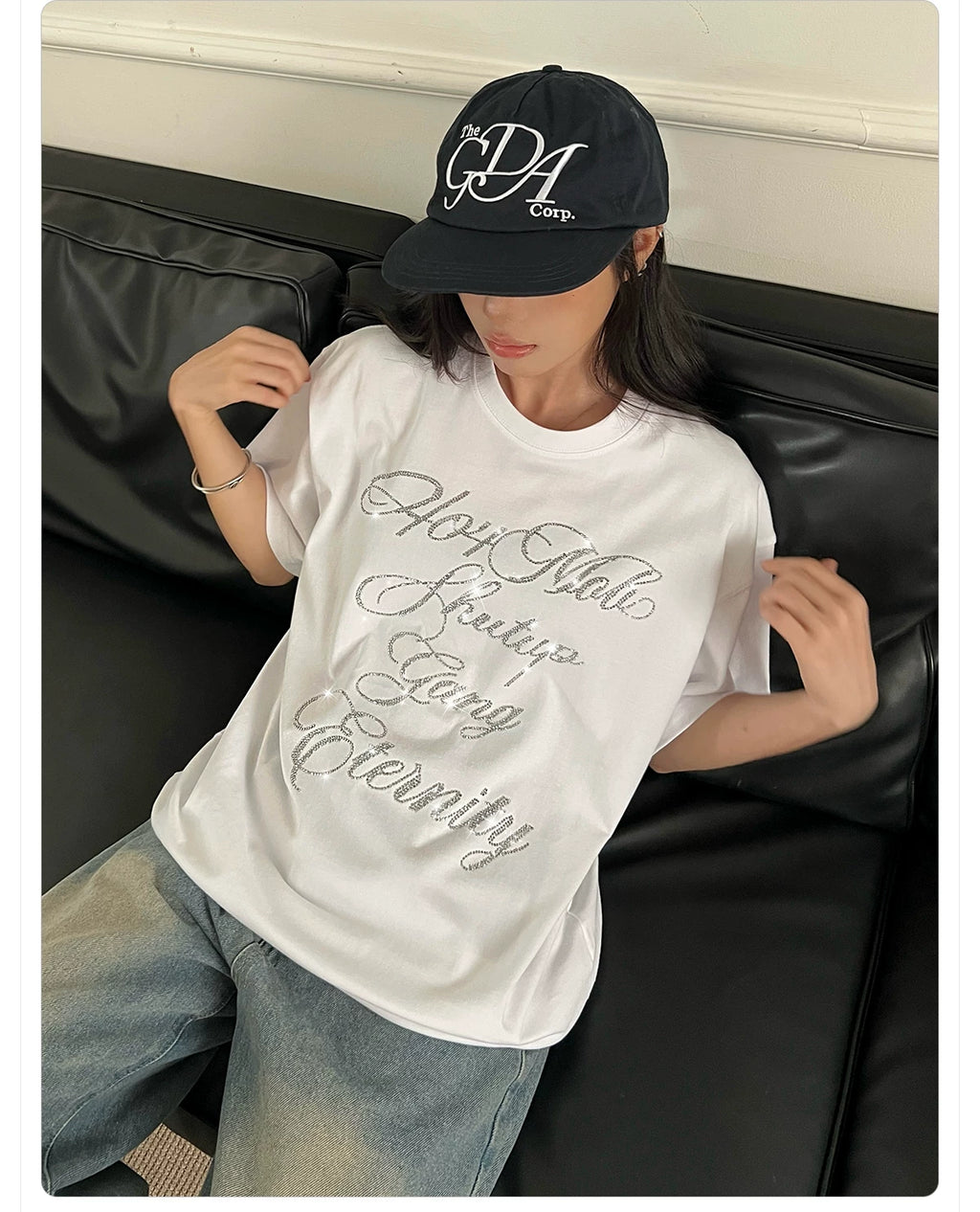 404MOB Alphabet Hot Diamond Loose Casual Tee