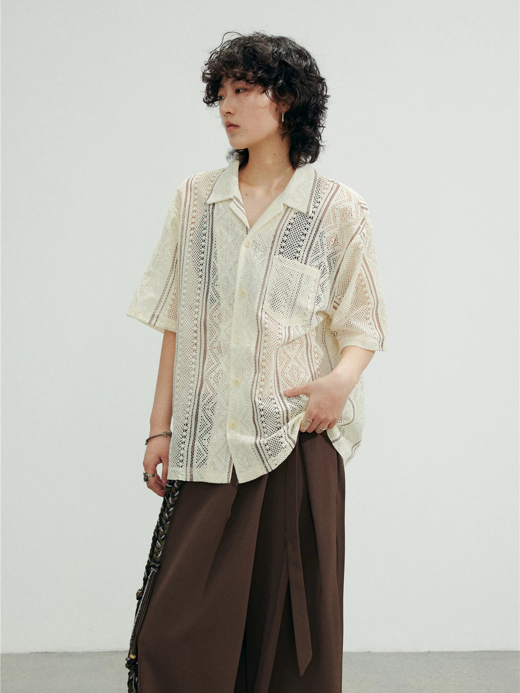 SUNYVONNE Hollow-out Sheer Casual Short-sleeve Shirt