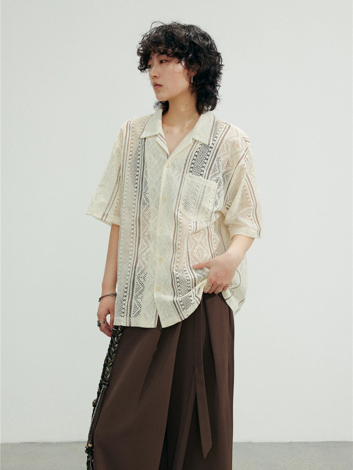 SUNYVONNE Hollow-out Sheer Casual Short-sleeve Shirt