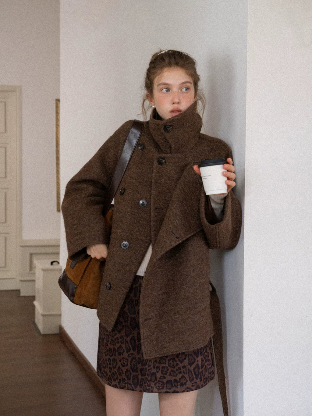 EGGKA Premium Sense Stand-Up Neck Lace-Up Waist Woolen Jacket