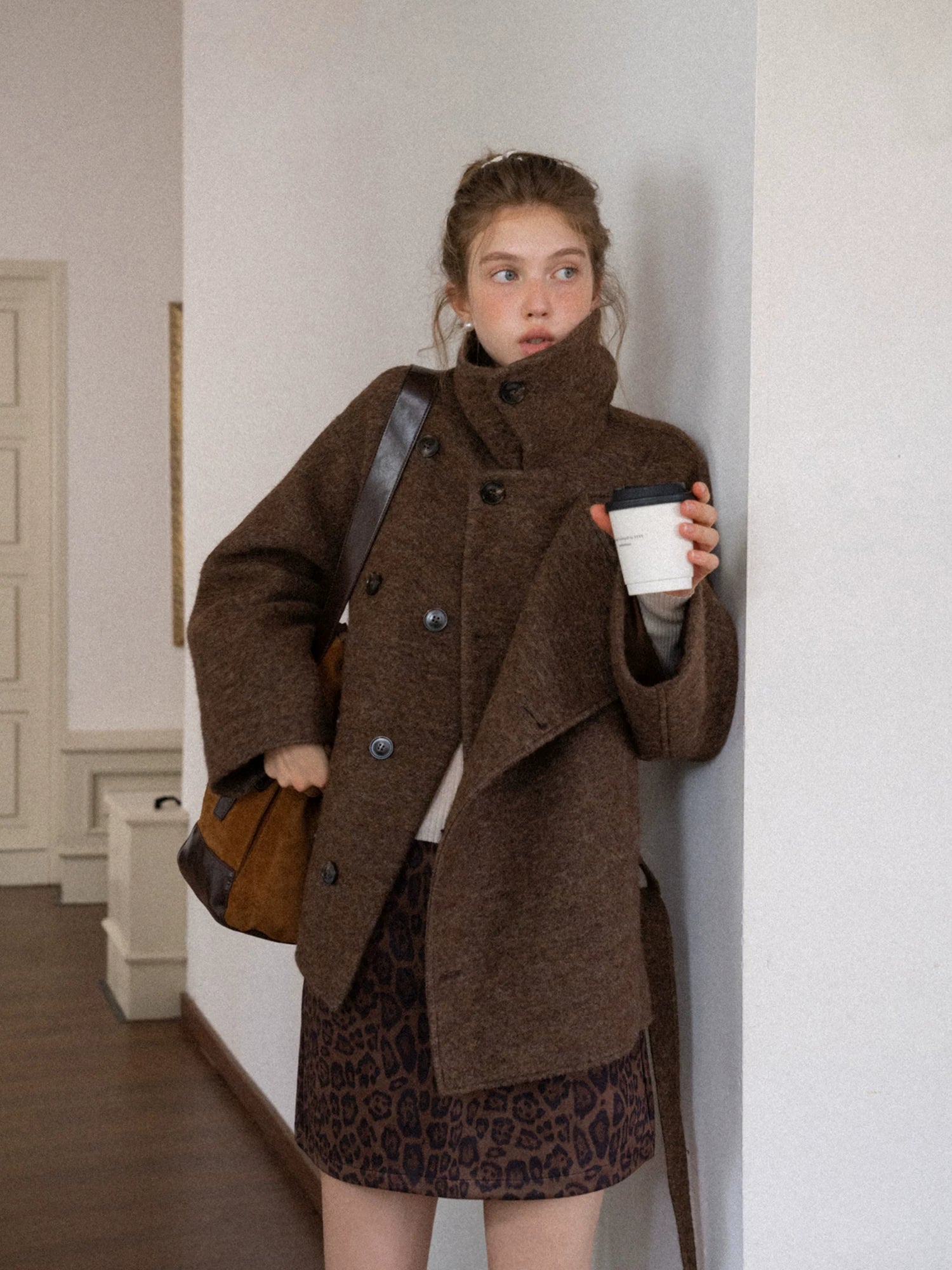 EGGKA Premium Sense Stand-Up Neck Lace-Up Waist Woolen Jacket