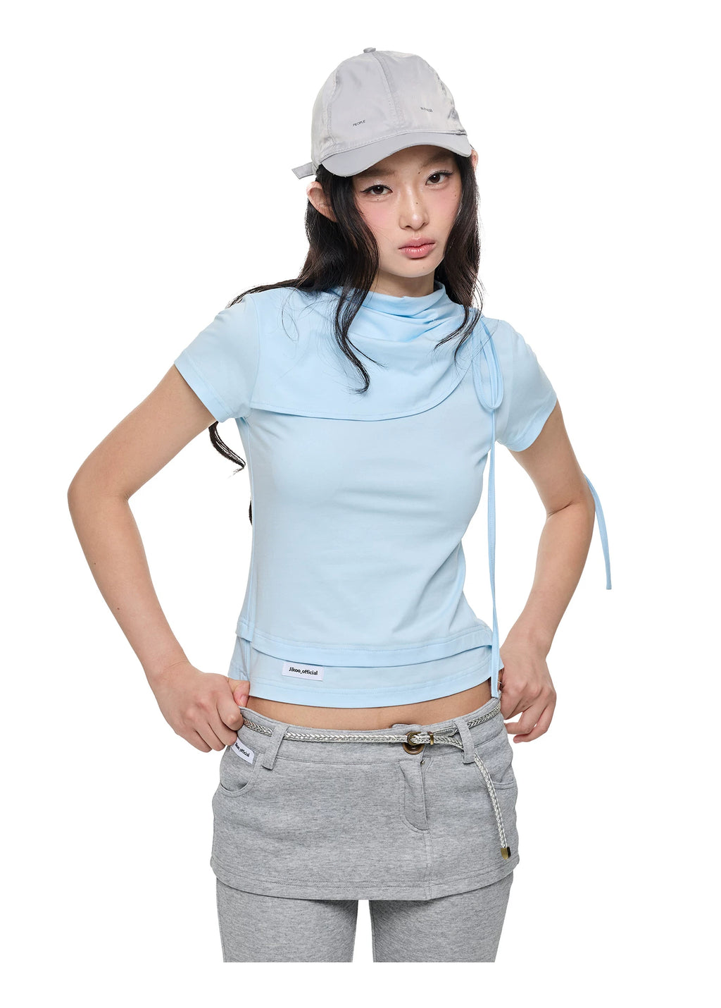 JIKOO Knot Vertical Pleated Shoulder Collar Casual Tee