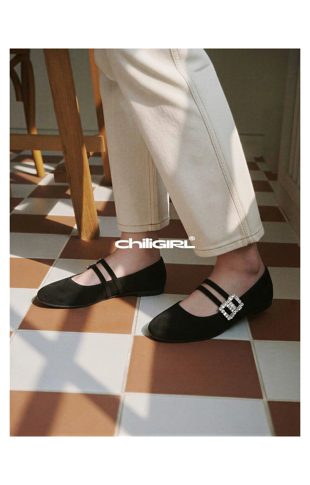 CHILIGIRL Suede Temperament Rhinestone Square Buckle Double Belt Versatile Single Shoes