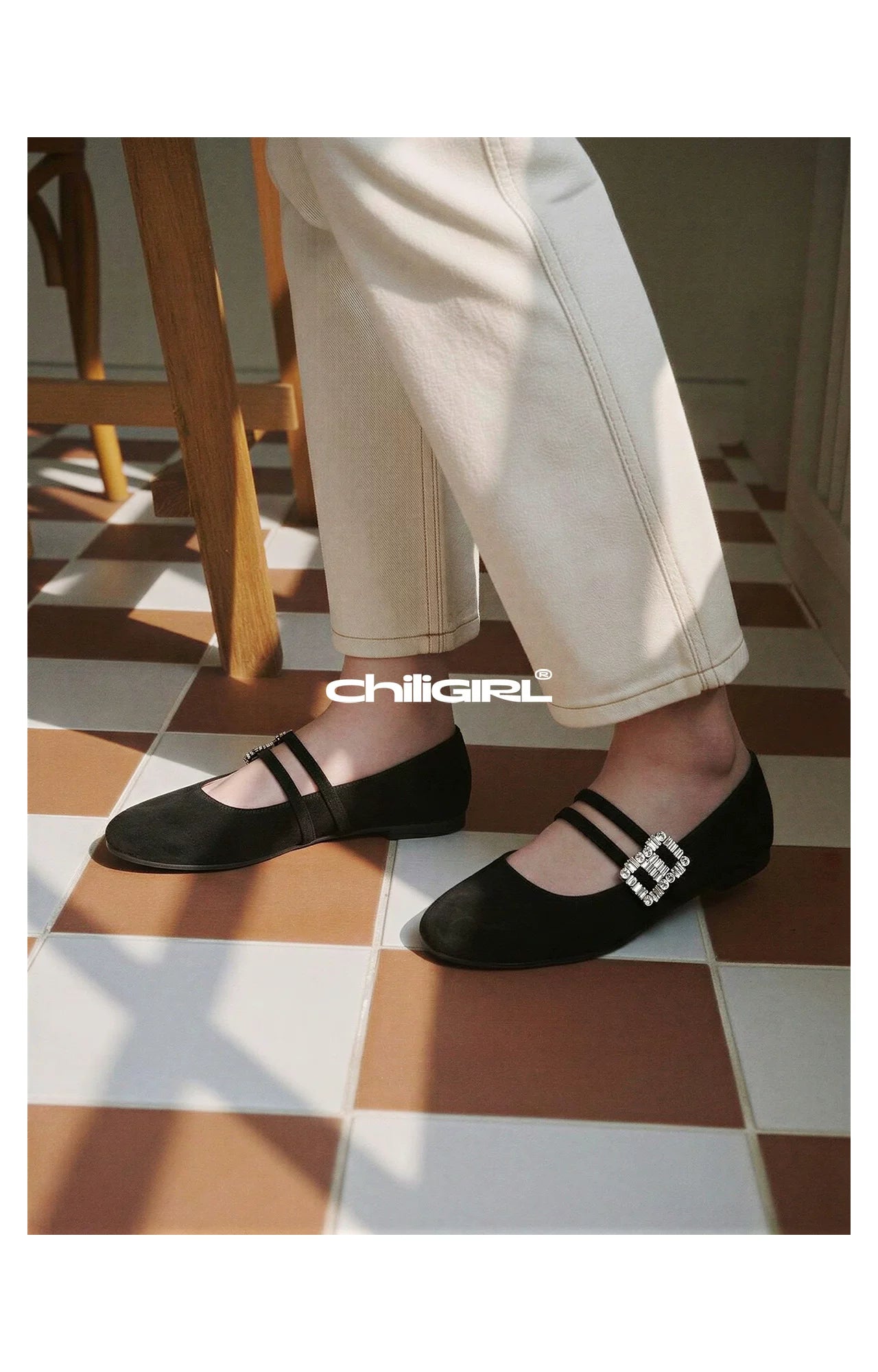 CHILIGIRL Suede Temperament Rhinestone Square Buckle Double Belt Versatile Single Shoes