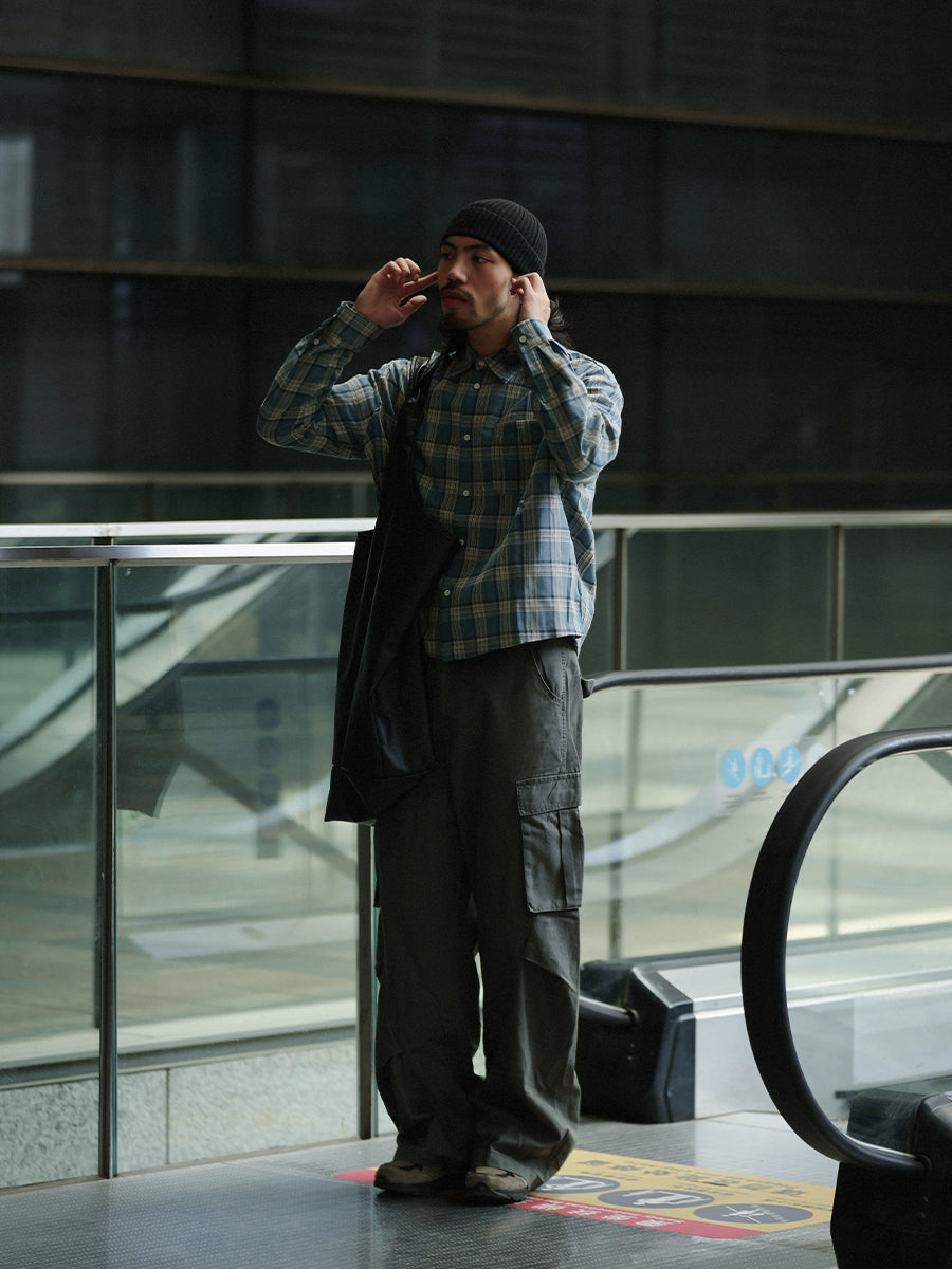 NOEARS Japanese Retro Plaid Loose Long-sleeved Square Neck Shirt