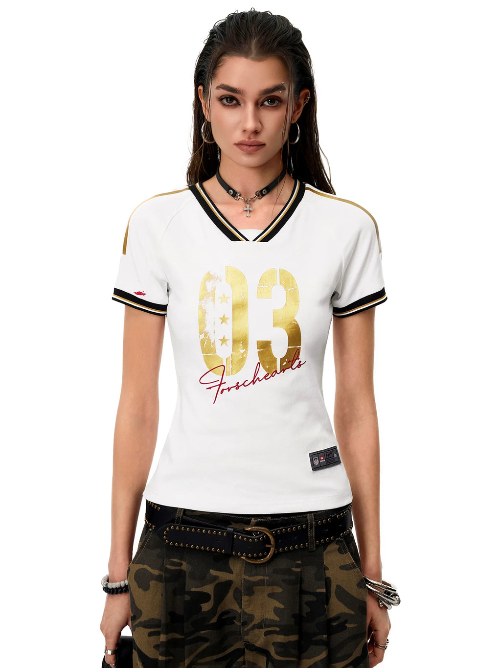0123Start Contrasting Color V-neck Slim Striped Tee