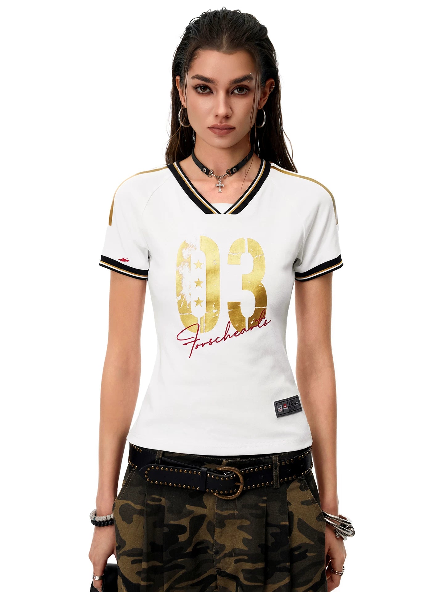 0123Start Contrasting Color V-neck Slim Striped Tee