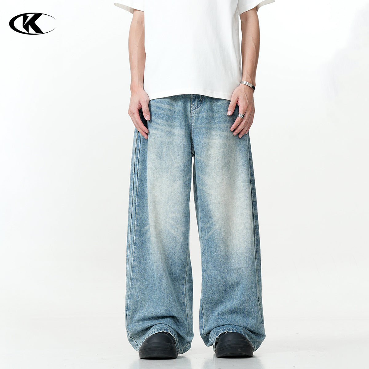 11KN American Retro Washed Blue Loose and Casual Cleanfit Pants Cross-border Jeans