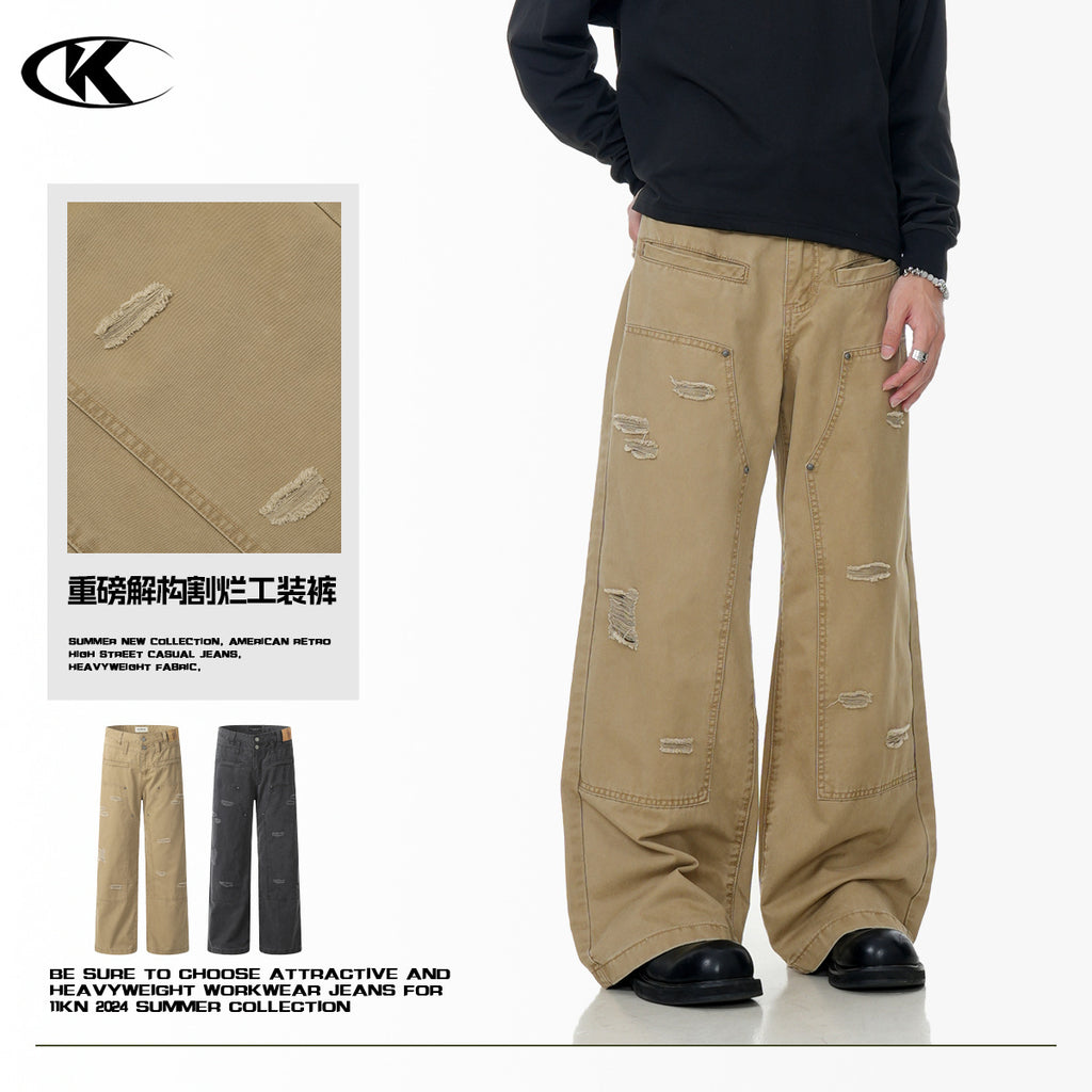 11KN irregular ripped Loose straight pants