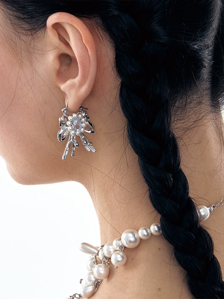 1JINN Vintage Bow Pearl Flower Earrings