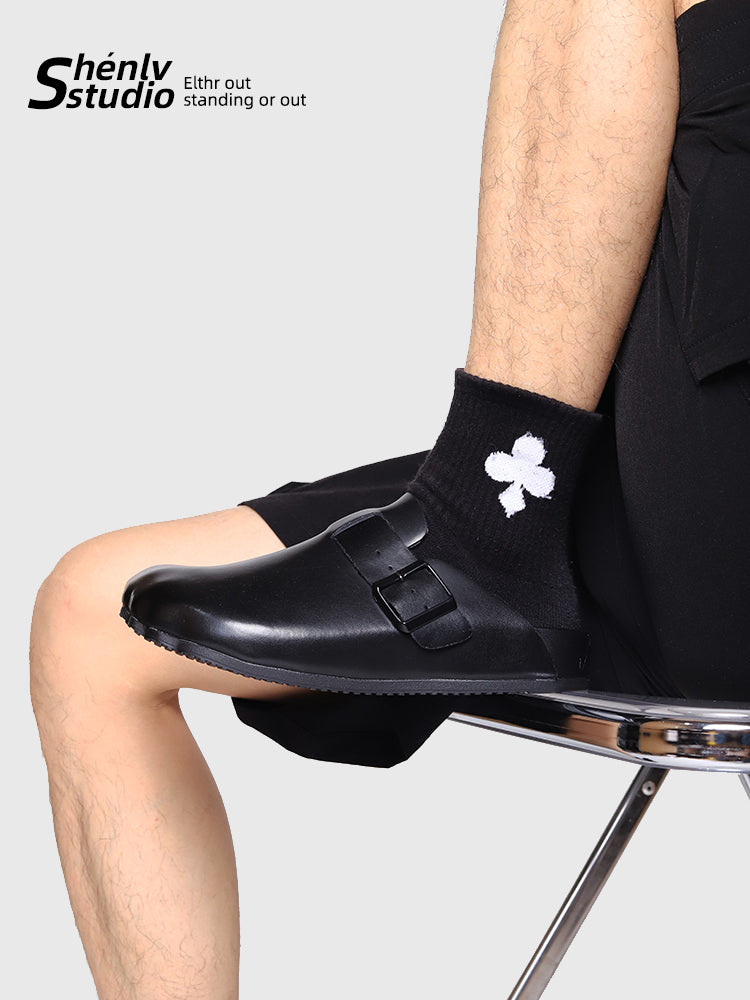 SHENLV Studio Genuine Leather Half-drag Black Head Leather Slippers