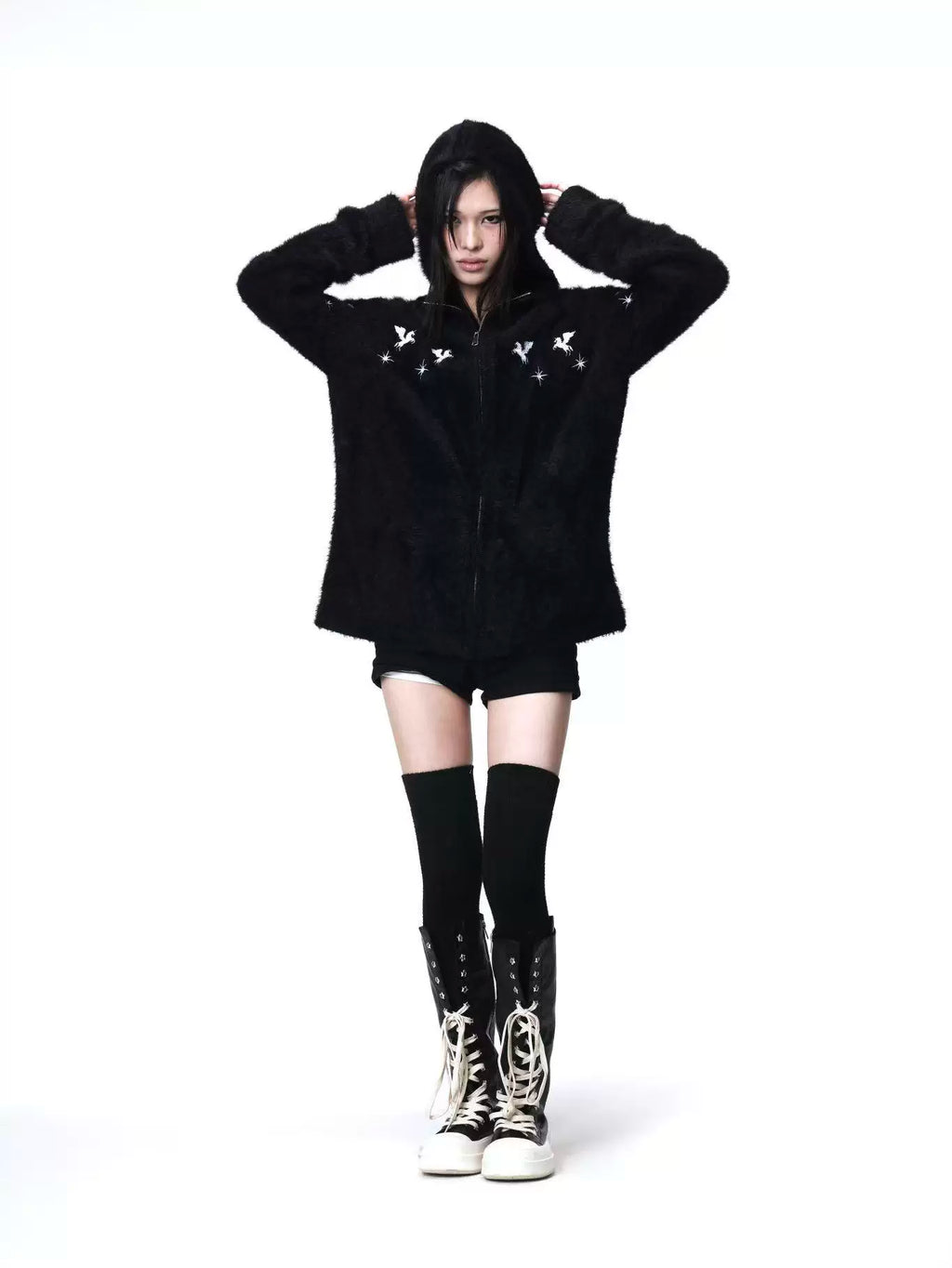 DETW Shoulder-down Zip Mohair Hooded Embroidered Jacket