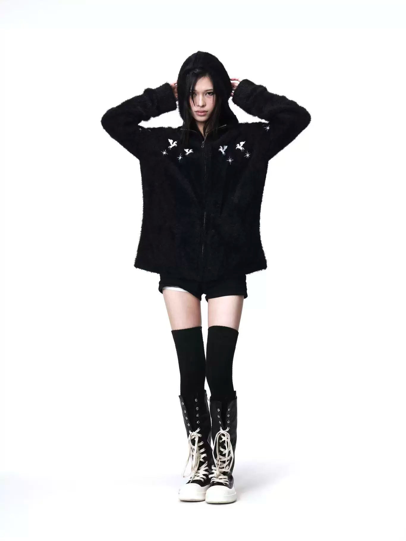DETW Shoulder-down Zip Mohair Hooded Embroidered Jacket