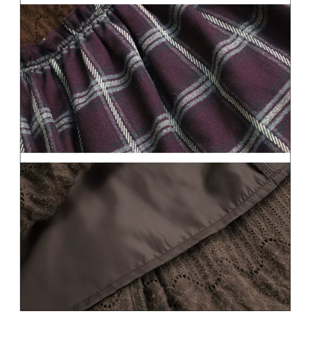 Girlyhalo Vintage Plaid Lace Patchwork Skirt