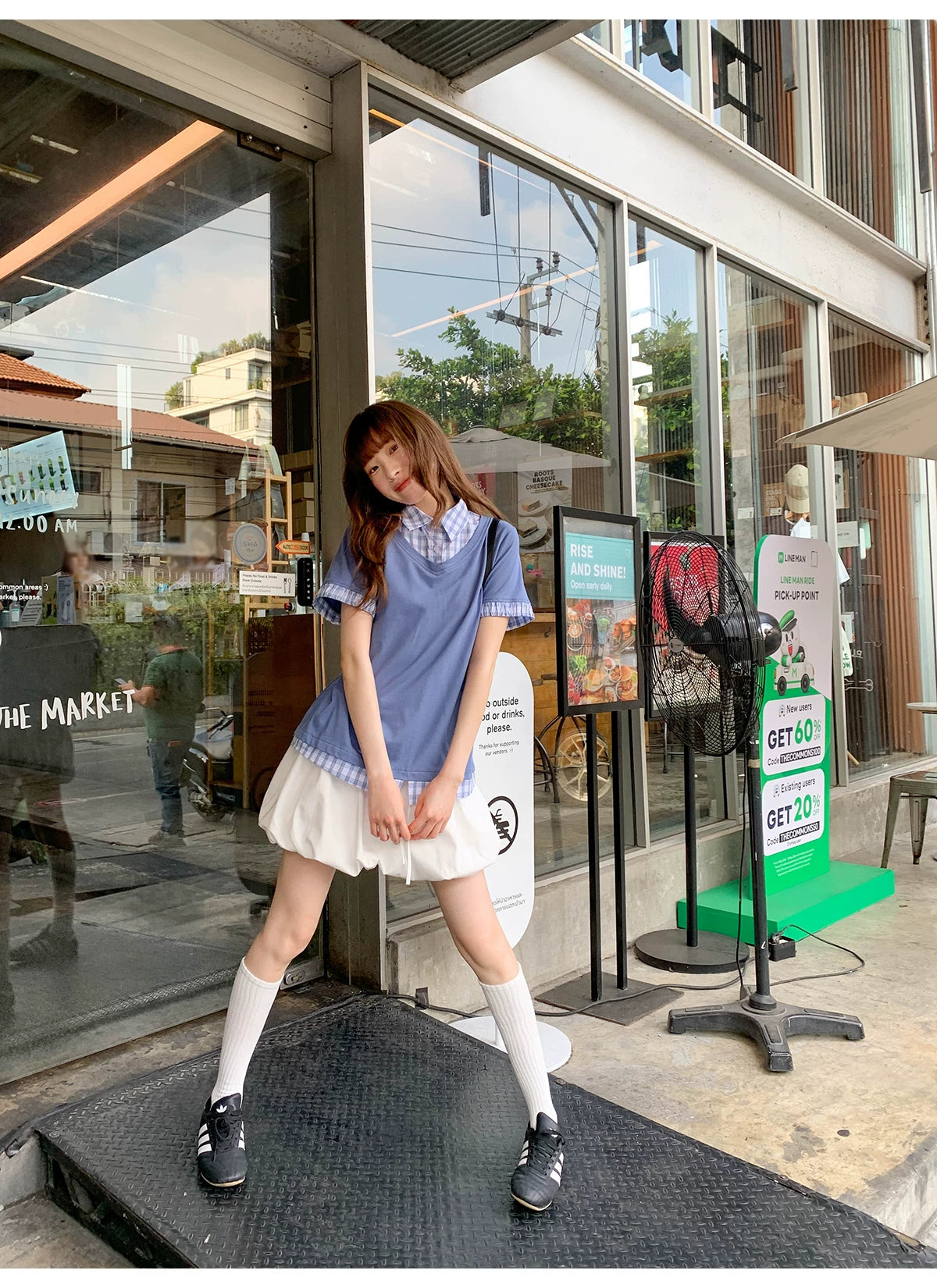 KANO Contrasting Color Lattice Splicing Fake Two-piece Tee