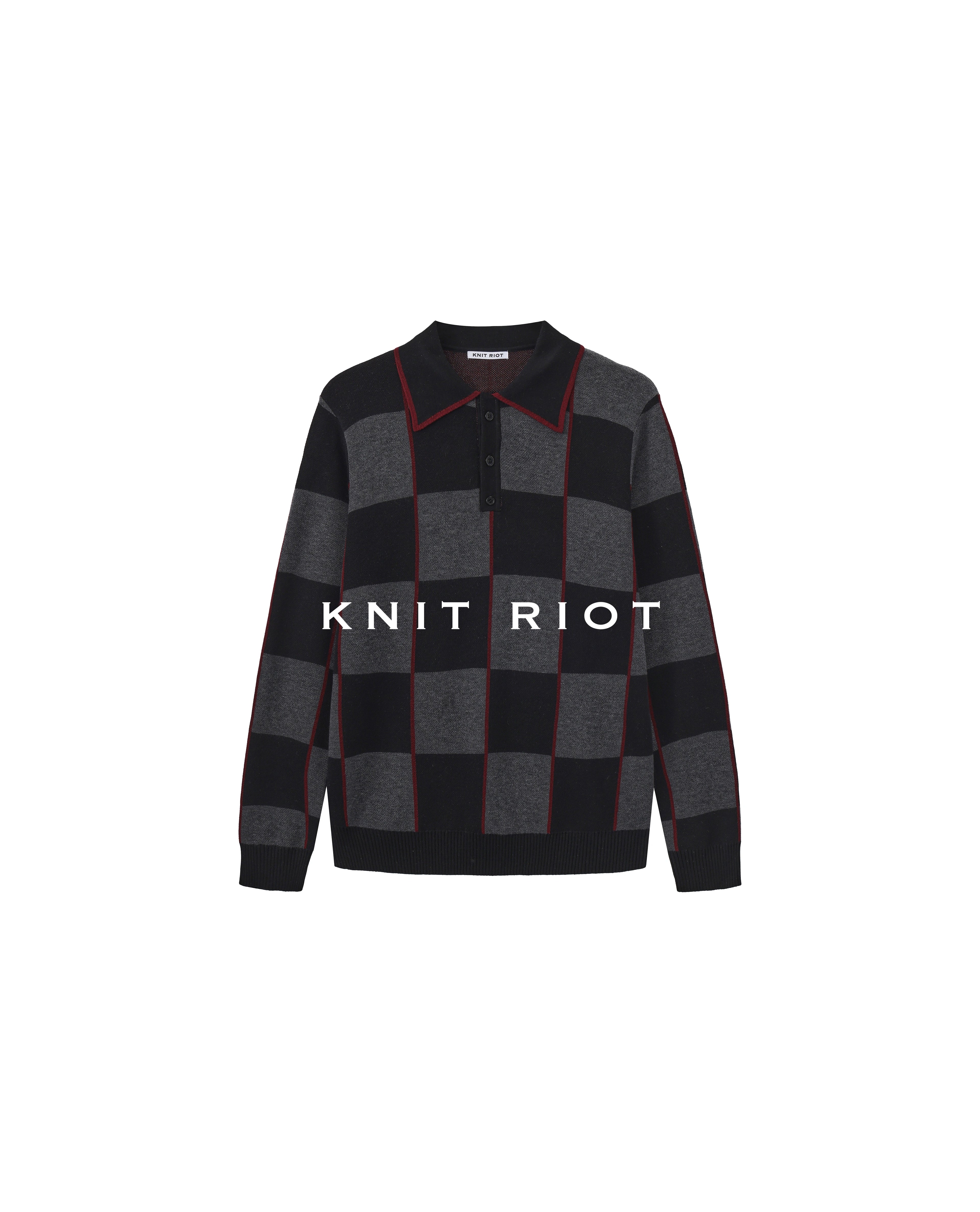 KNITRIOT Lapel Checkerboard Polo Collar Long-sleeved Knitted Sweater