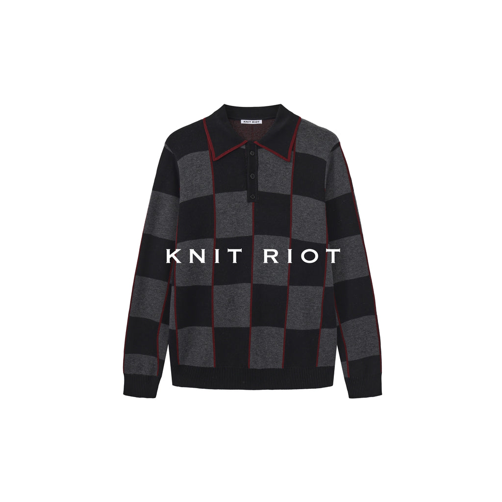KNITRIOT Lapel Checkerboard Polo Collar Long-sleeved Knitted Sweater