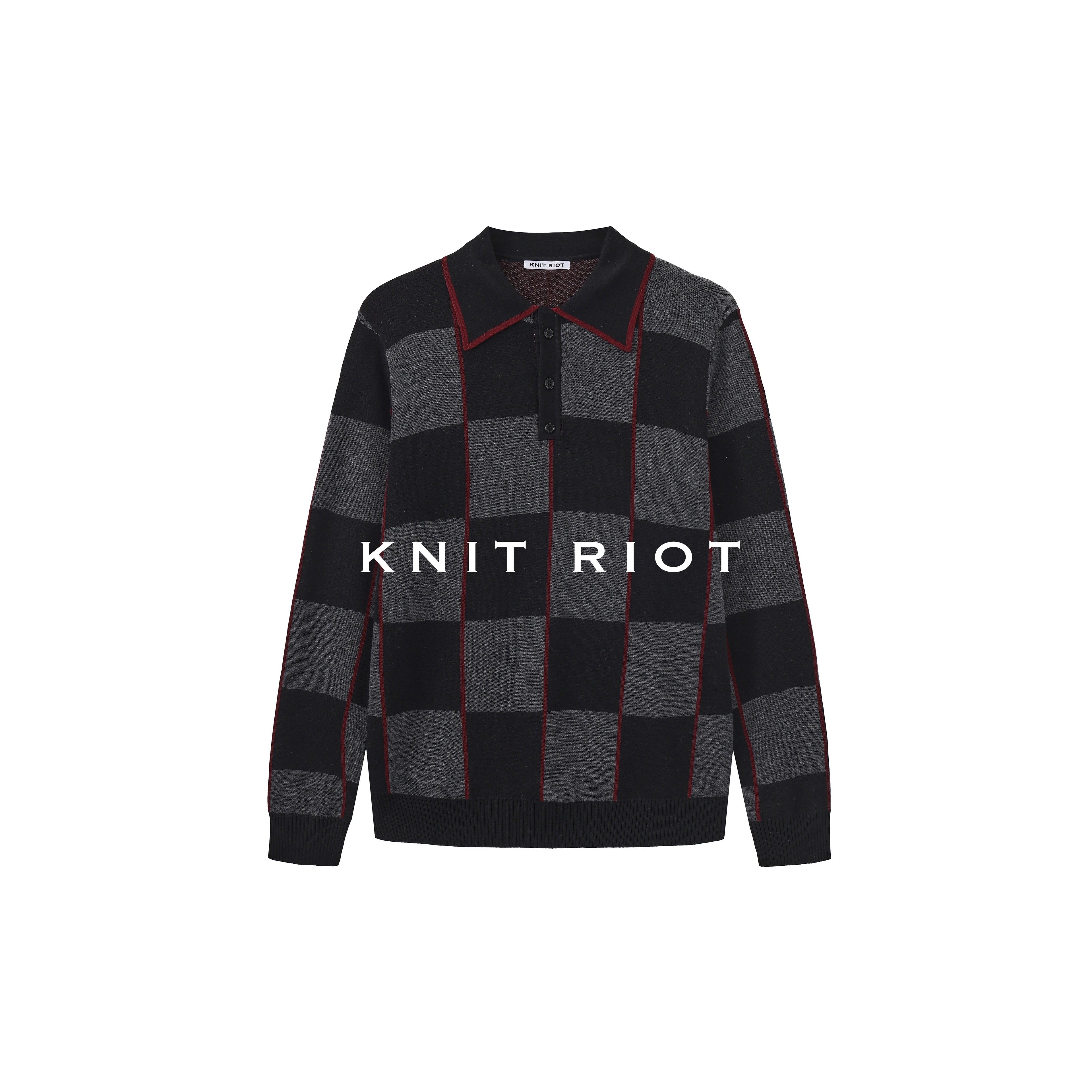 KNITRIOT Lapel Checkerboard Polo Collar Long-sleeved Knitted Sweater