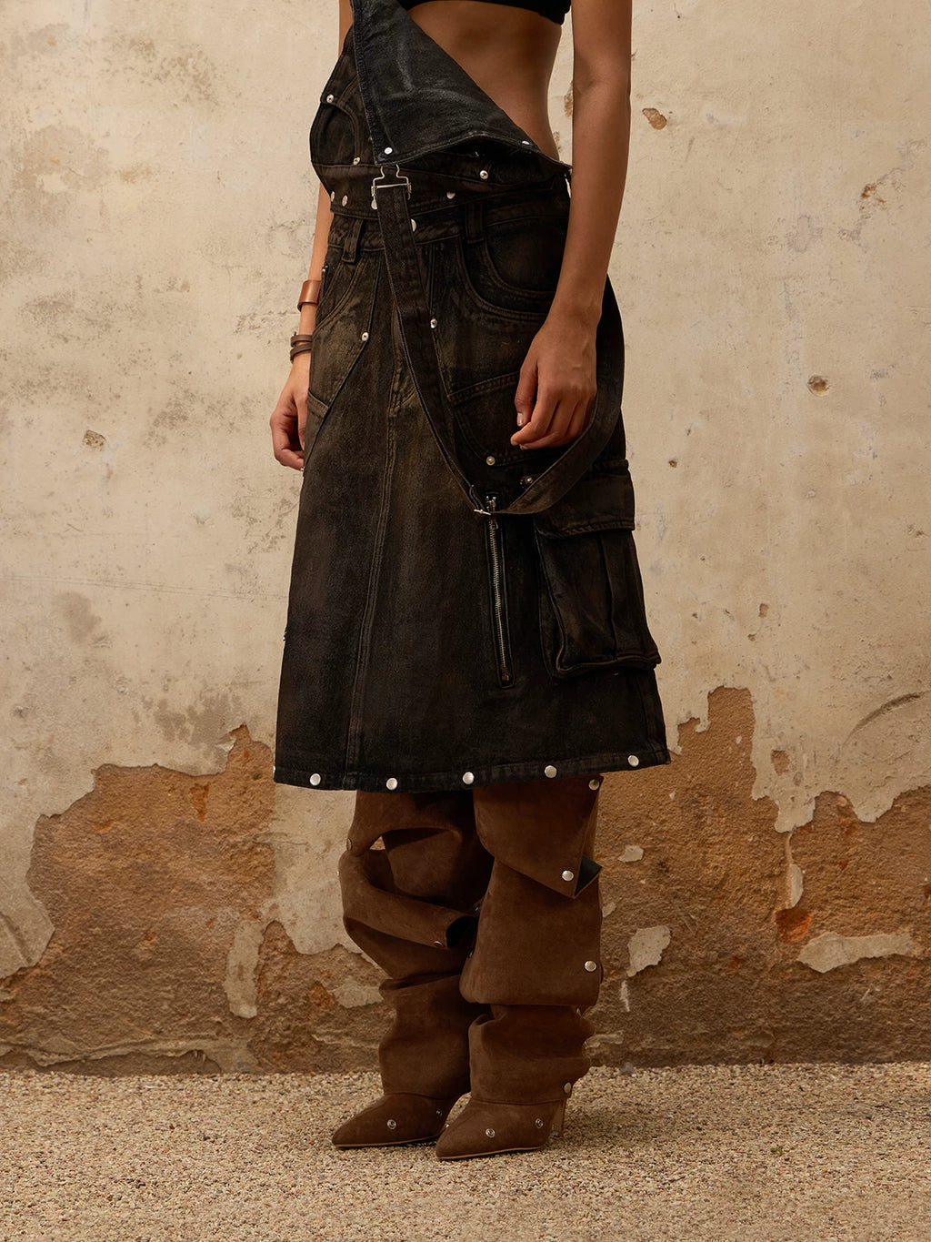 PERSONSOUL Vintage Denim Strap Skirt
