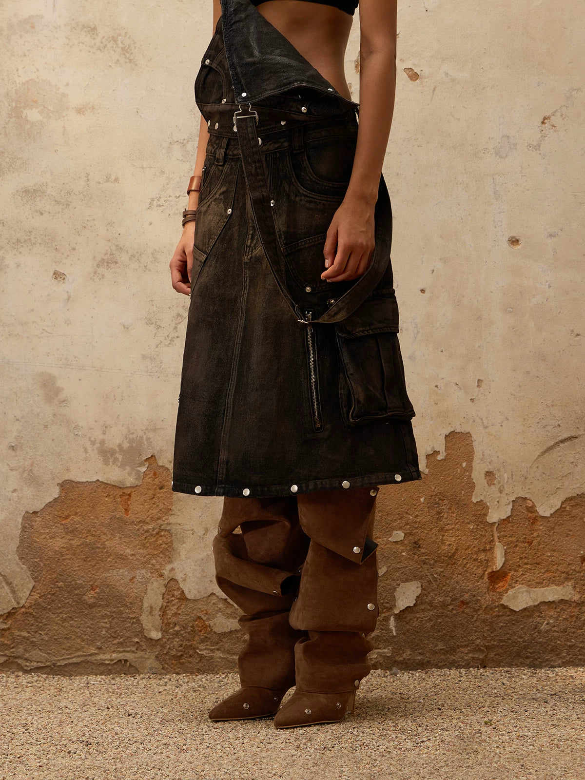 PERSONSOUL Vintage Denim Strap Skirt