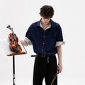 CHOR Ice Silk Denim Splicing Checked Roll Sleeve Shirt