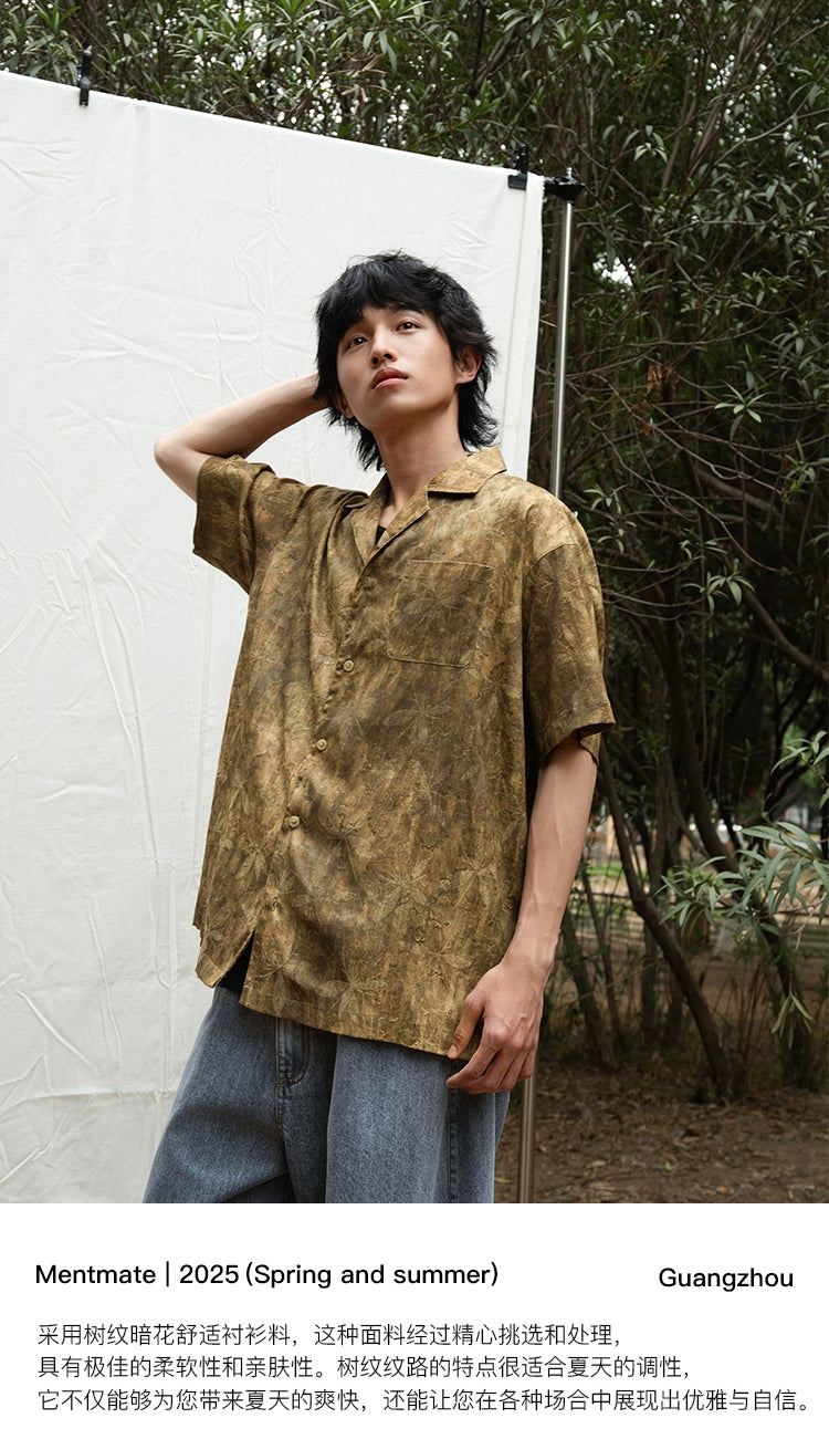 Mentmate Natural Tree Pattern Cuban Neck Short Sleeve Shirt