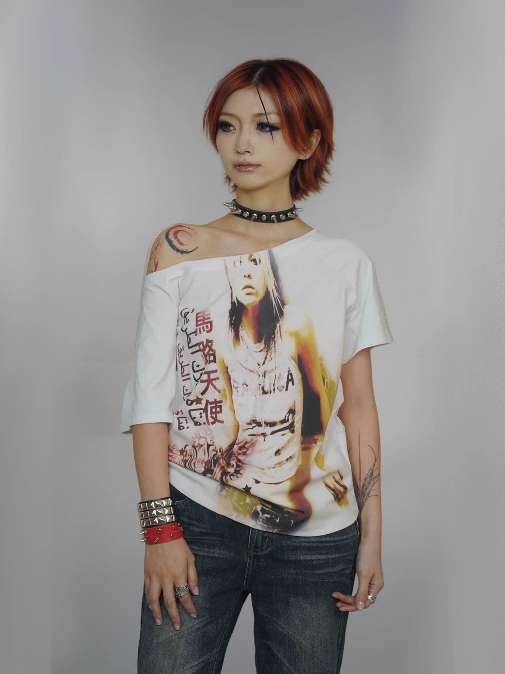 WEBBAR Y2K Antique Spice Girl Slash Shoulder Tee