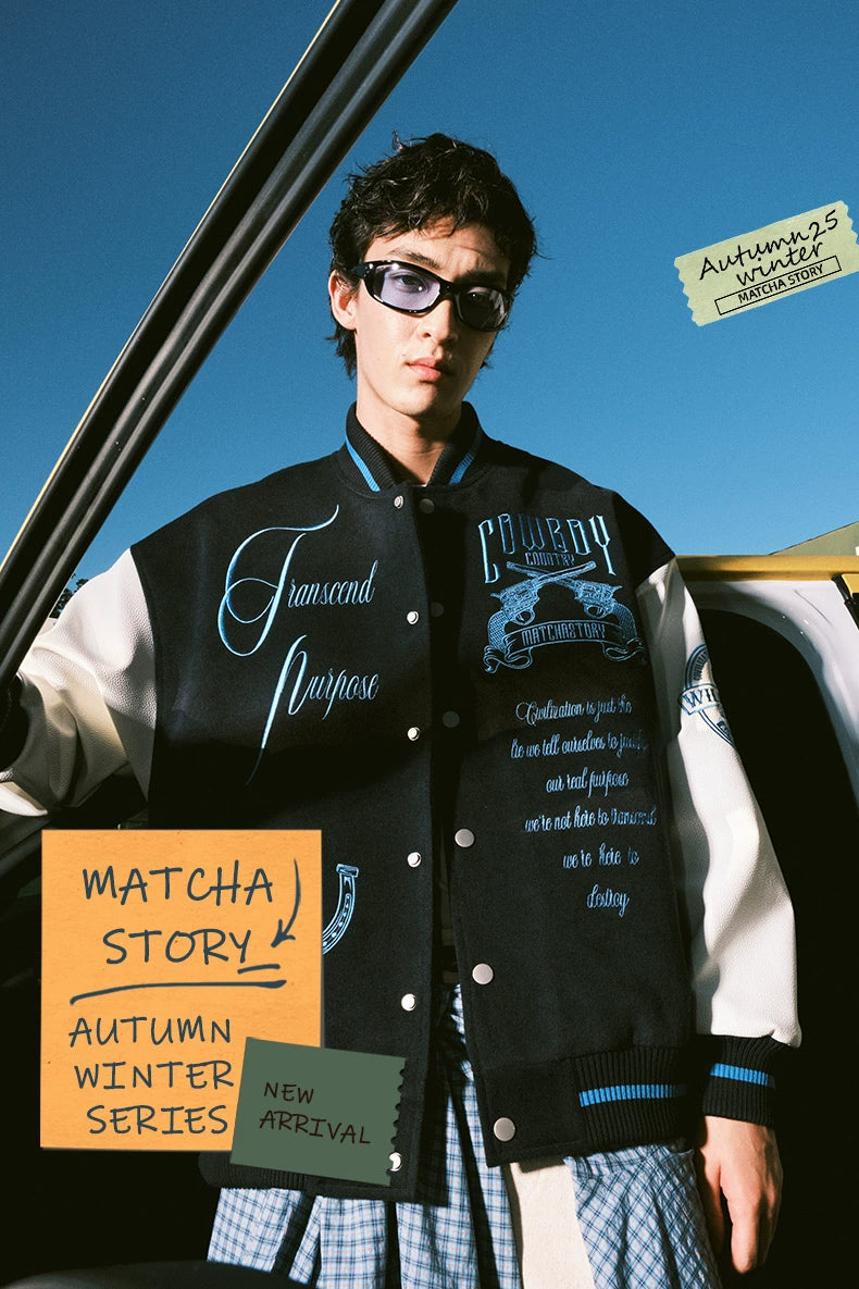 MATCHA STORY Embroidered Loose Baseball Jacket