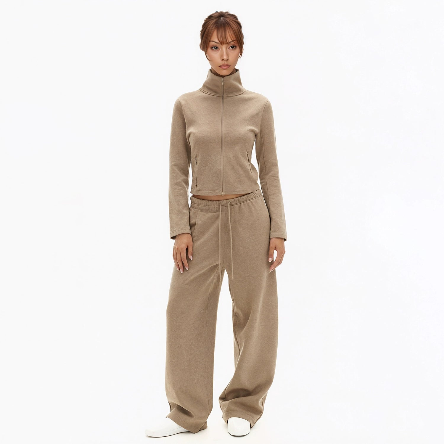 SHE SEEK Vintage Turtleneck Zip Sweater Jacket Casual Banana Cone Sweatpants Set