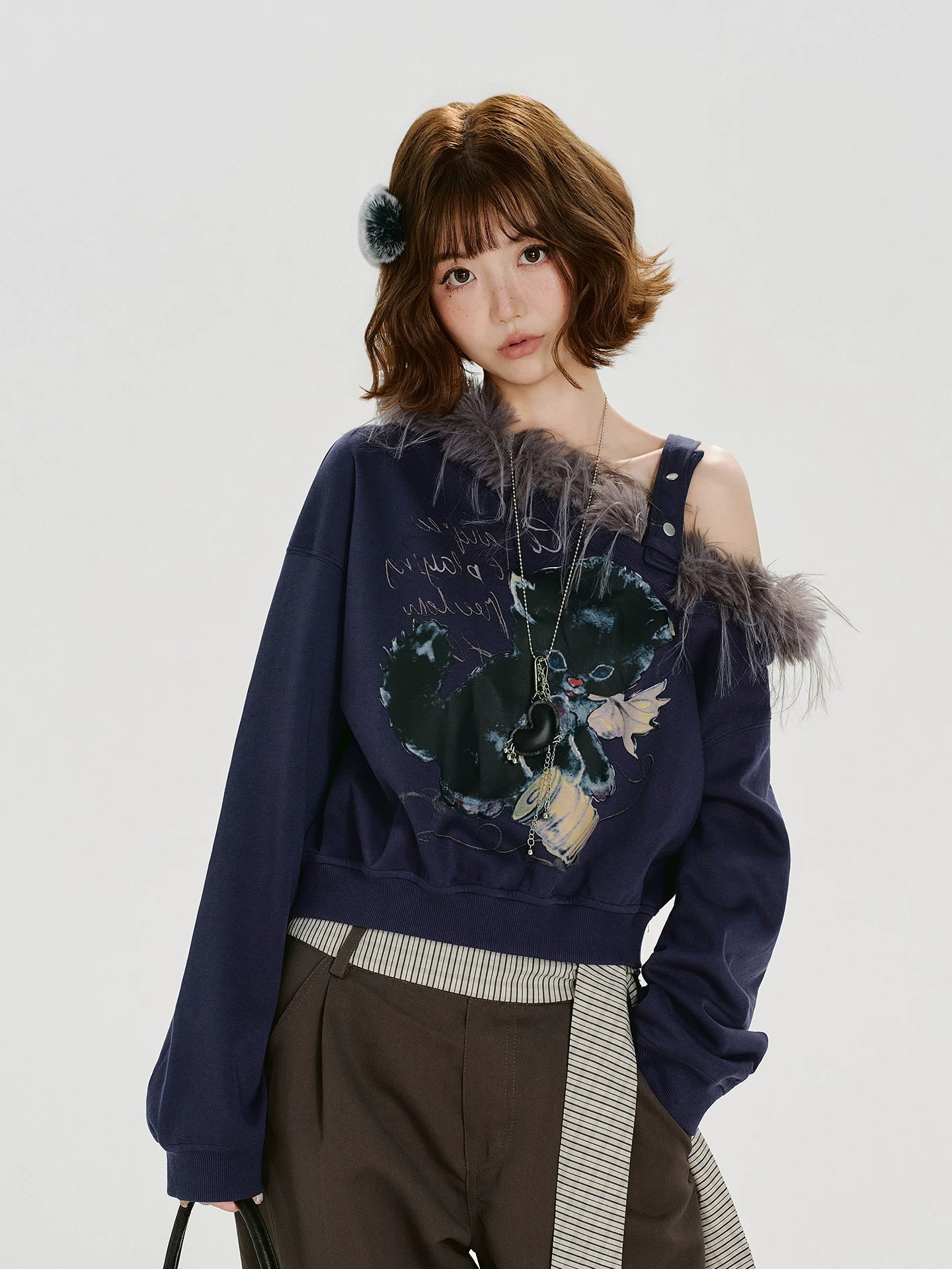 Girlyhalo Vintage Fur Collar Print Slash Shoulder Long Sleeve Sweater