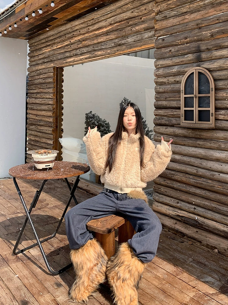 EAHO Stand-up Collar Lamb Wool Short Cotton-padded Coat