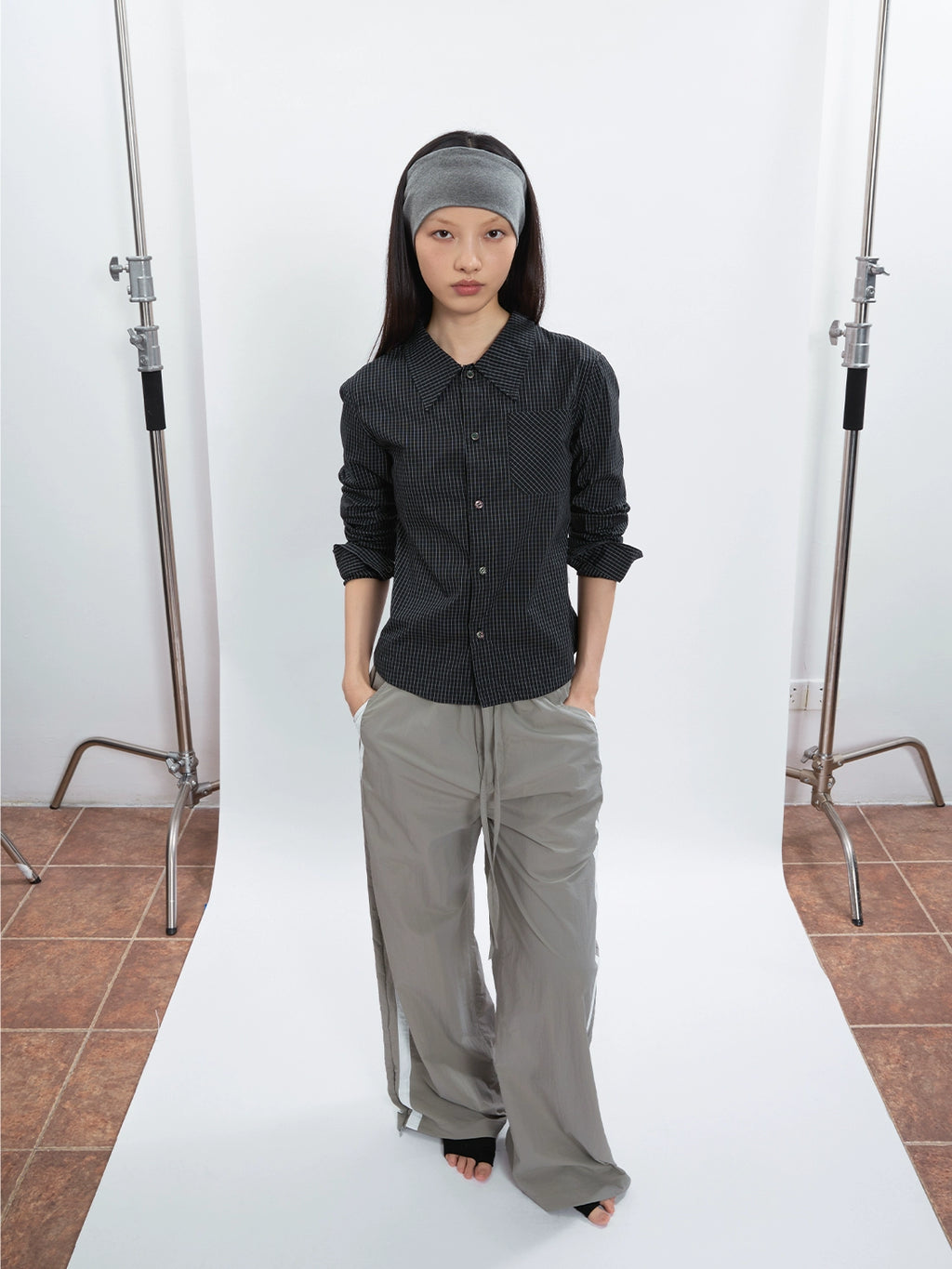 FUNKYFUN Fine Plaid Slim-fit Small Long-sleeved Shirt