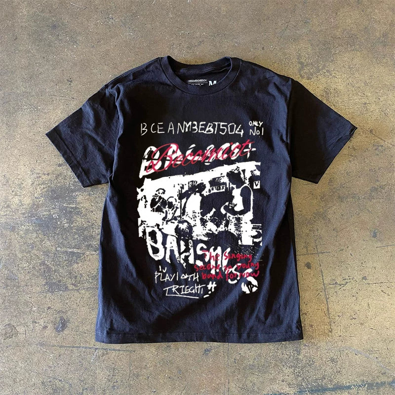 UPUPXIA  Retro Printed Crew Neck Loose Tee