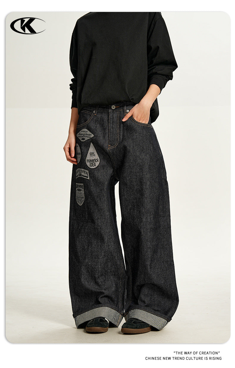 11KN 11 oz Wide-Leg Denim Jeans with Embroidered Patches