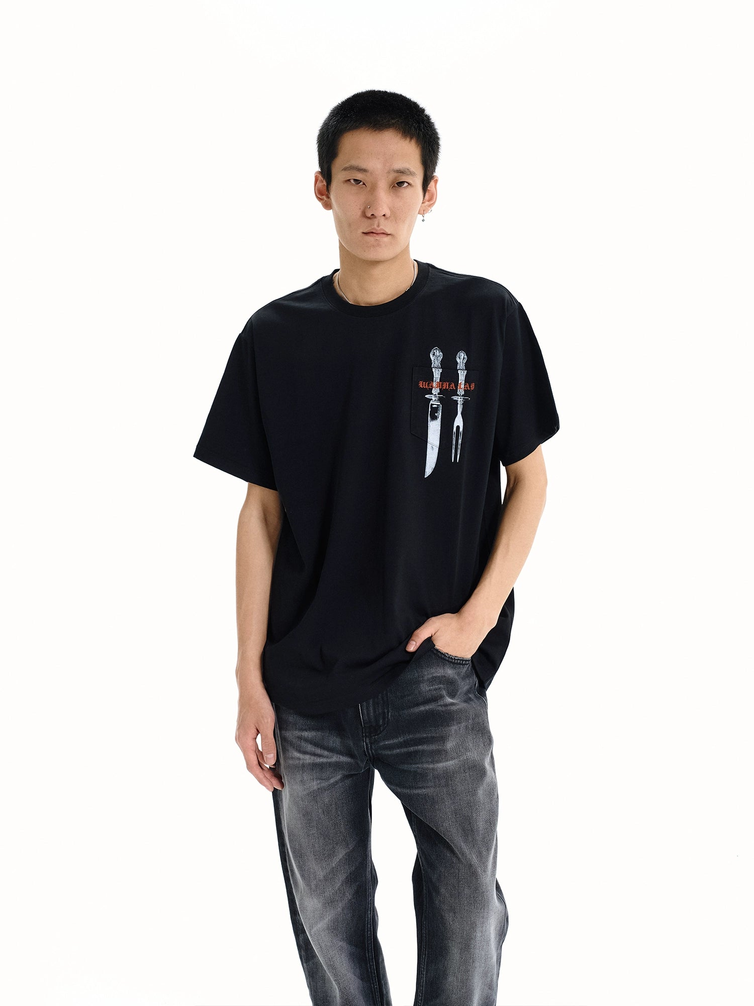 WANNA LAB Knives and Forks Tableware Printed Pockets Short Sleeves