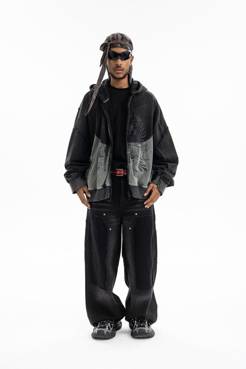 SUPER WAY Vintage Stitching Digital Print Hooded Sweater