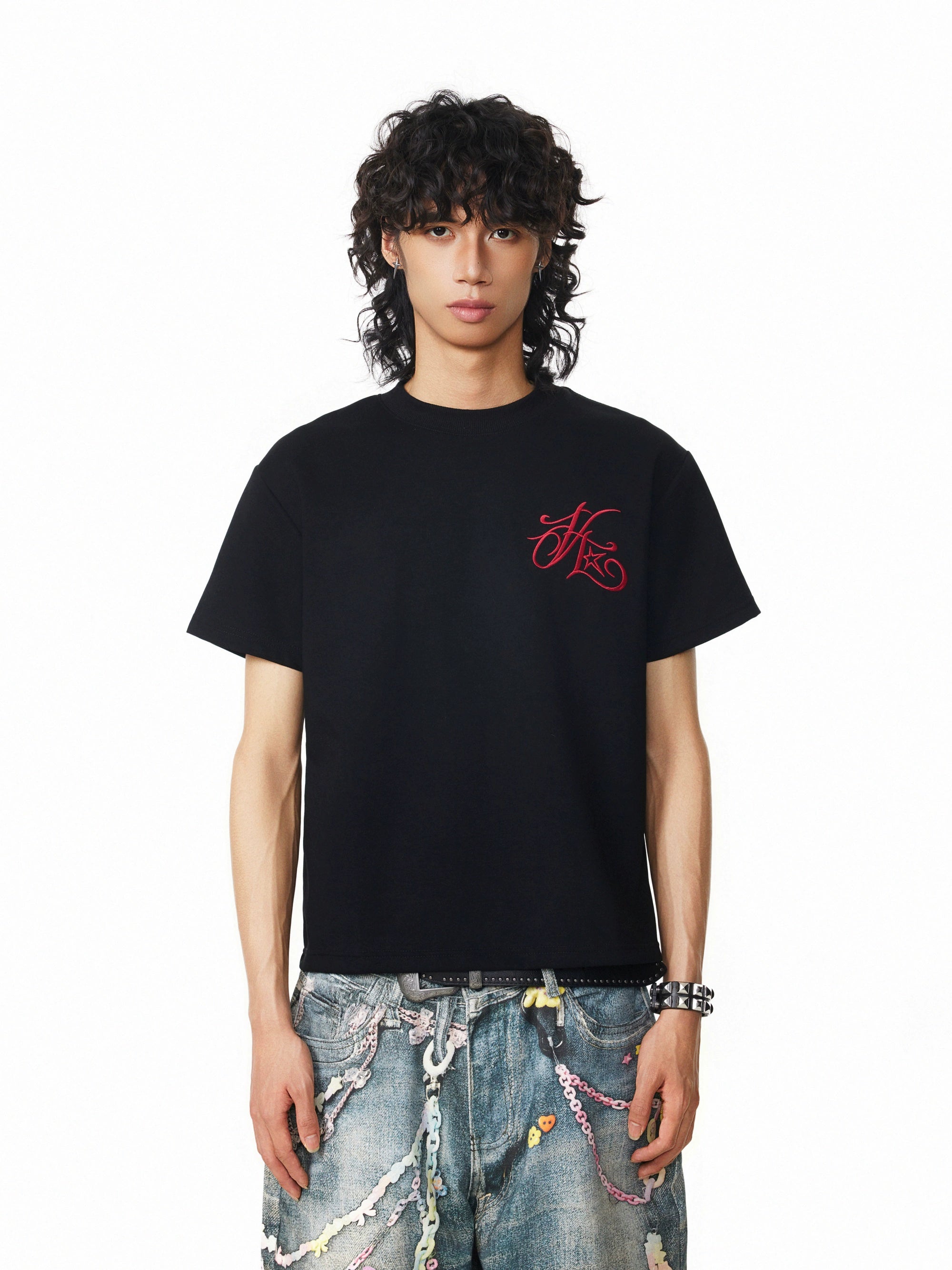 (Clearance) BTSG Vintage Embroidery Alphabet Hip Hop Front Shoulder Short Wide Tee