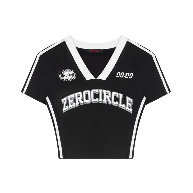 Zero Shoulder V-neck Printed Slim-fit Short Tee