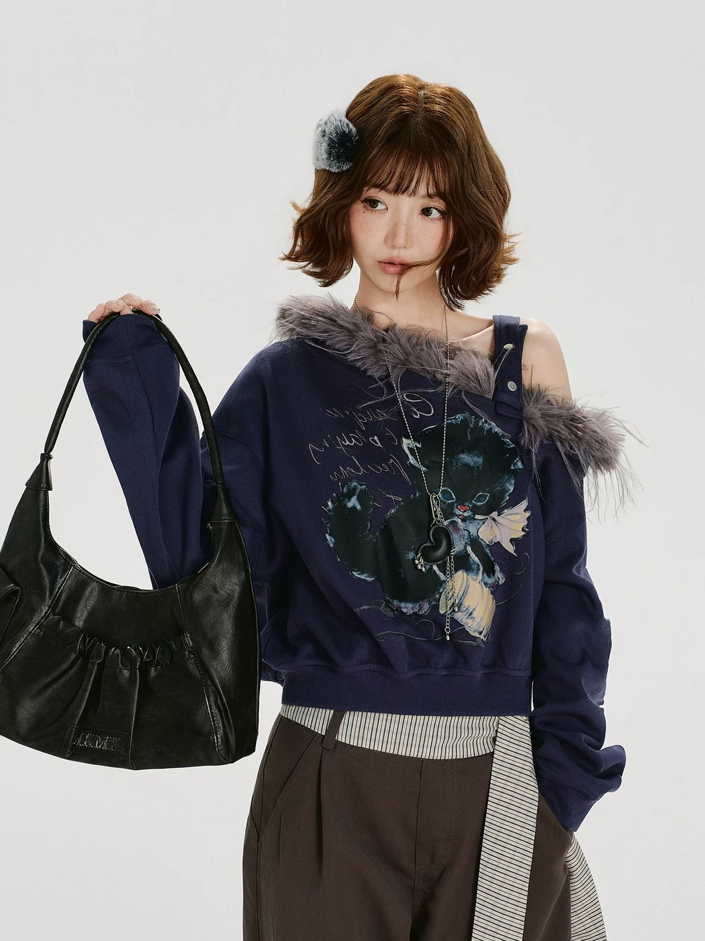 Girlyhalo Vintage Fur Collar Print Slash Shoulder Long Sleeve Sweater