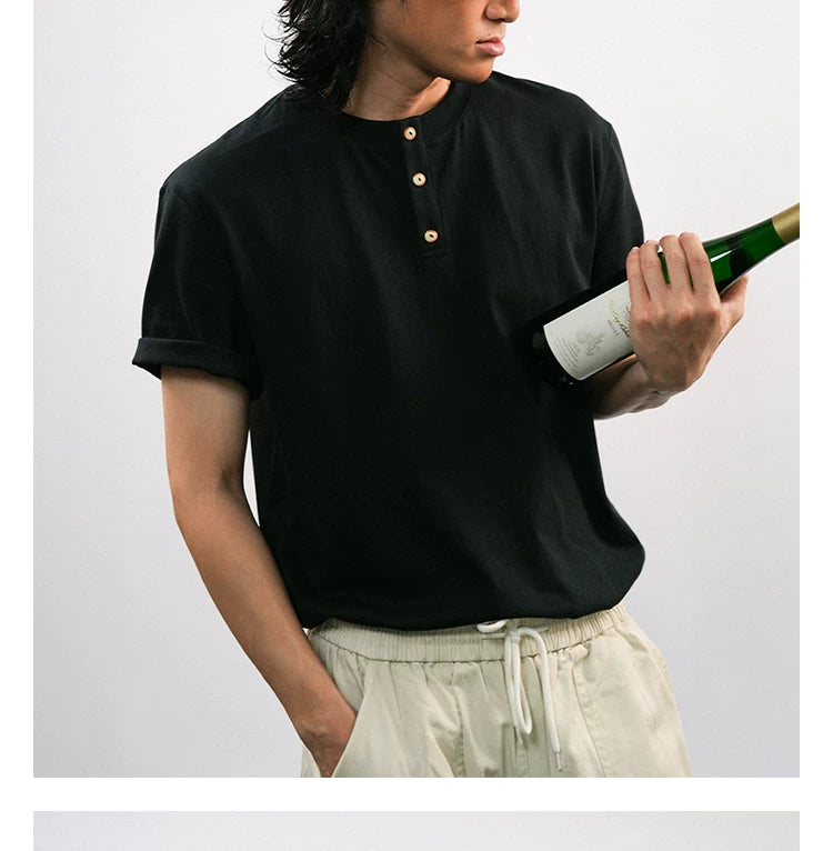 O3PARK Vintage Loose Henry Collar Knitted Tee