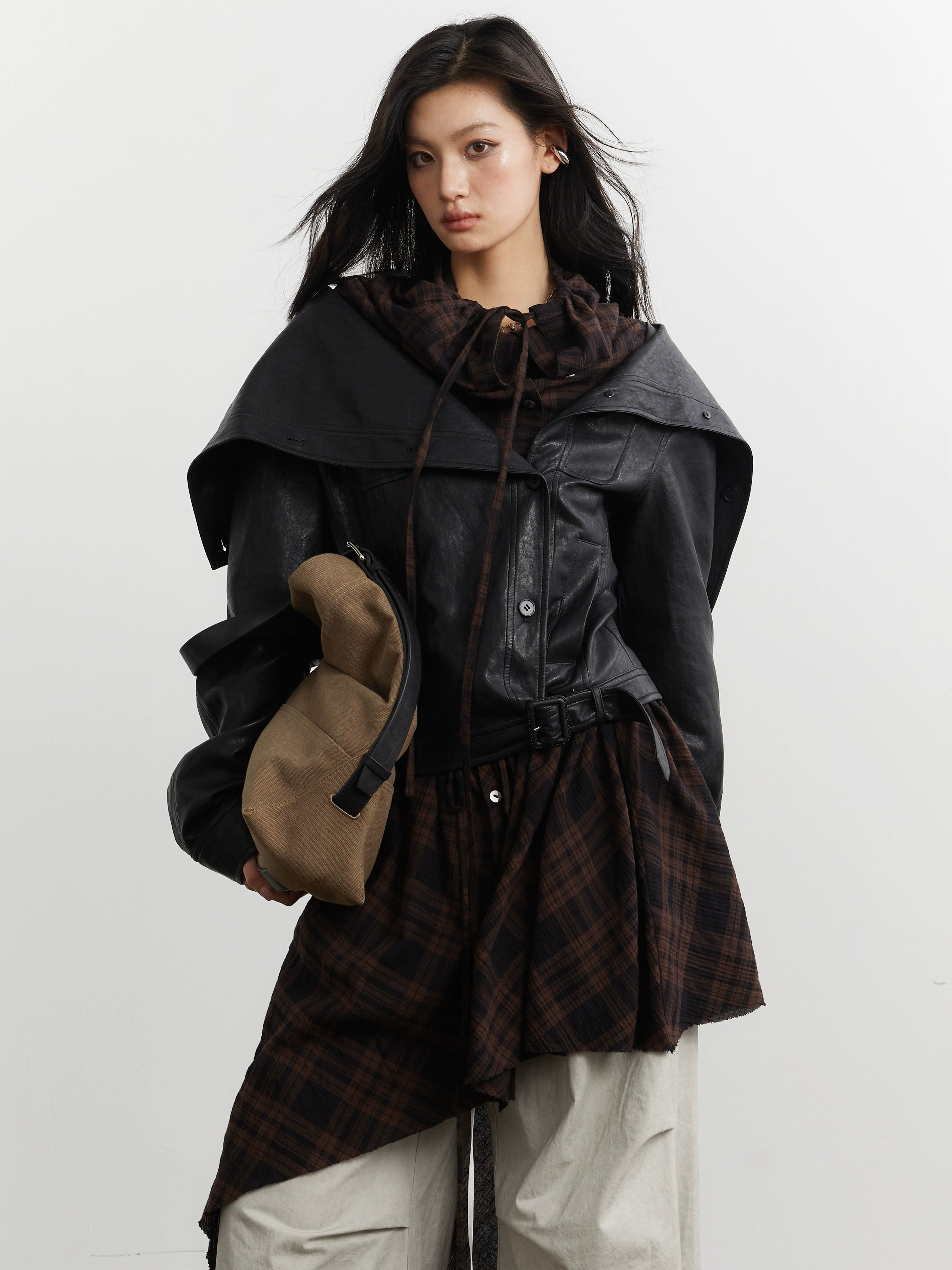JNYLON-plaid Apron Stitched Imitation Leather PU Jacket