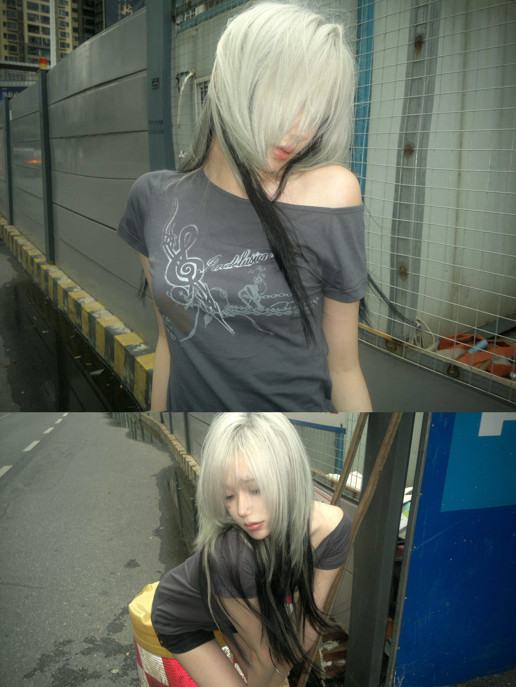 Imdelusion Open Shoulder Slant Shoulder Elastic Slim Tee