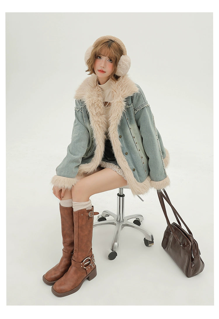 Girlyhalo Vintage Plush Denim Jacket