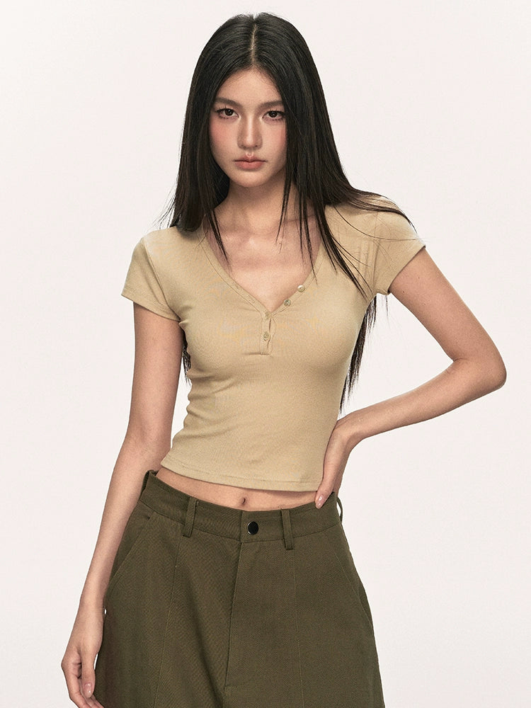 Anna Aneae V-neck Henry Neck Narrow Shoulder Tee