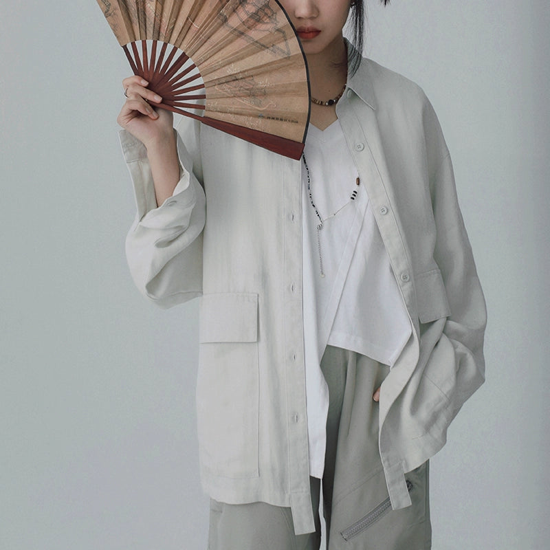 STILLYOU New Chinese-style Light Pocket Drape Long-sleeved Shirt